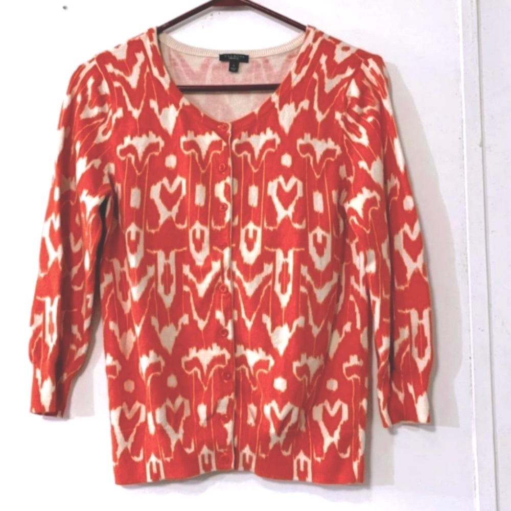 🌸3/$25 Talbots Coral and White Abstract Geo Print Silk Blend Cardigan, Size M